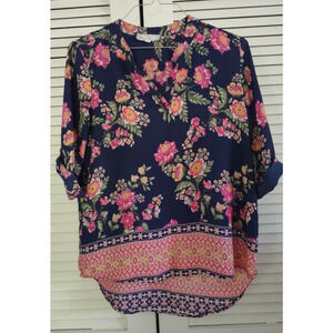 Blue Floral Roll Sleeve Tunic Top Size M Pink Rose Colorful Boho